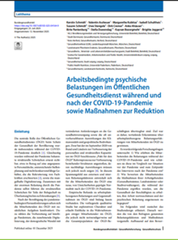 Cover: Arbeitsbedingte psychische Belastungen im Öffentlichen Gesundheitsdienst während und nach der COVID-19-Pandemie sowie Maßnahmen zur Reduktion
