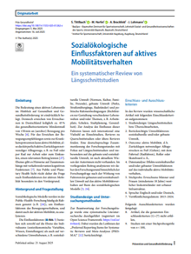 Cover: Sozialökologische Einflussfaktoren auf aktives Mobilitätsverhalten 