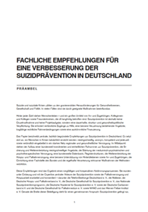 Cover: Fachliche Empfehlungen für die Suizidprävention in Deutschland