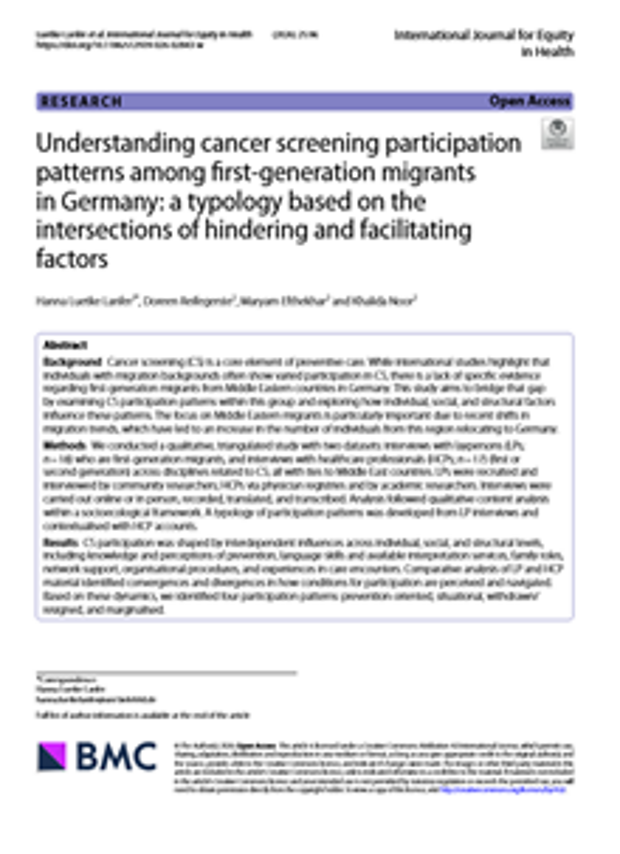 Cover: Understanding cancer screening participation patterns among first-generation migrants in Germany: a typology based on the intersections of hindering and facilitating factors