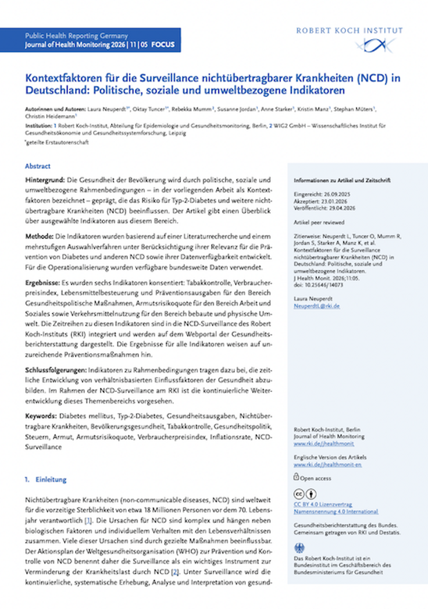 Cover: Kontextfaktoren für die Surveillance nichtübertragbarer Krankheiten (NCD) in Deutschland: Politische, soziale und umweltbezogene Indikatoren