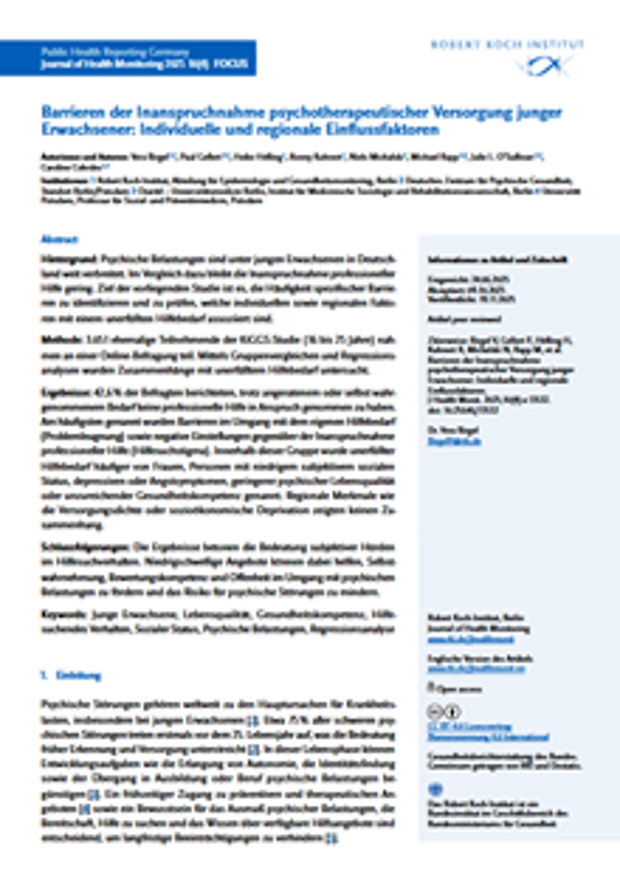Cover: Bar¬rieren der In¬anspruch¬nahme psycho-therapeu¬tischer Ver¬sorgung junger Er-wachsener: Indivi¬duelle und regio¬nale Einfluss¬faktoren