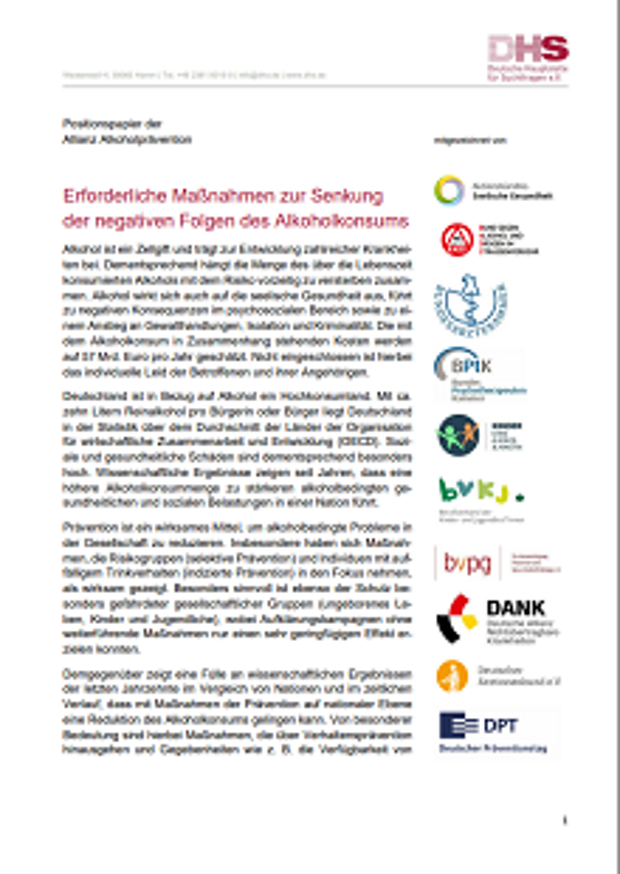 Cover: Positionspapier zur Alkoholprävention 