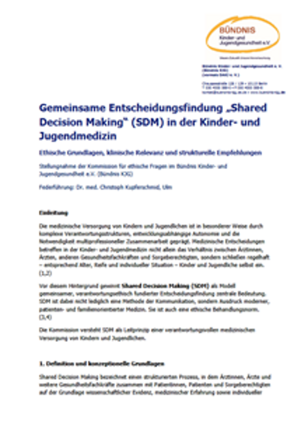 Cover: Gemeinsame Entscheidungsfindung „Shared Decision Making“ (SDM) in der Kinder- und Jugendmedizin
