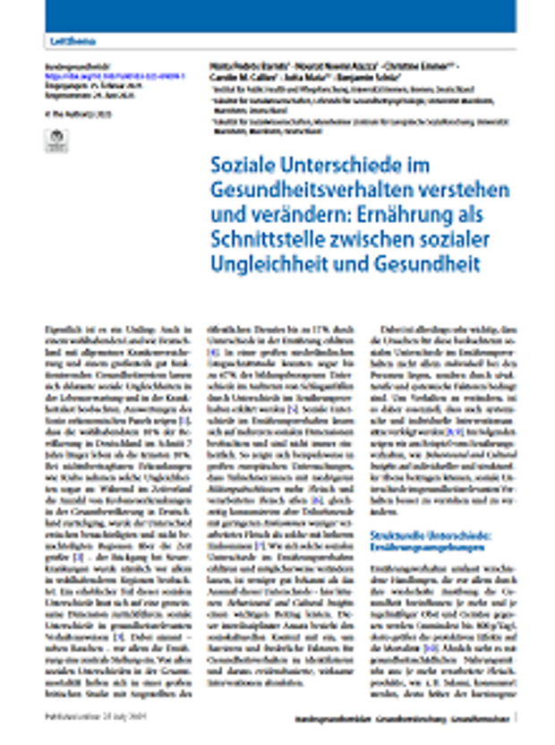 Cover: Soziale Unterschiede im Gesundheitsverhalten verstehen und verändern: Ernährung als Schnittstelle zwischen sozialer Ungleichheit und Gesundheit