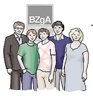 eine Gruppe Menschen, die vor dem BZgA Logo stehen eine Gruppe Menschen, die vor dem BZgA Logo stehen