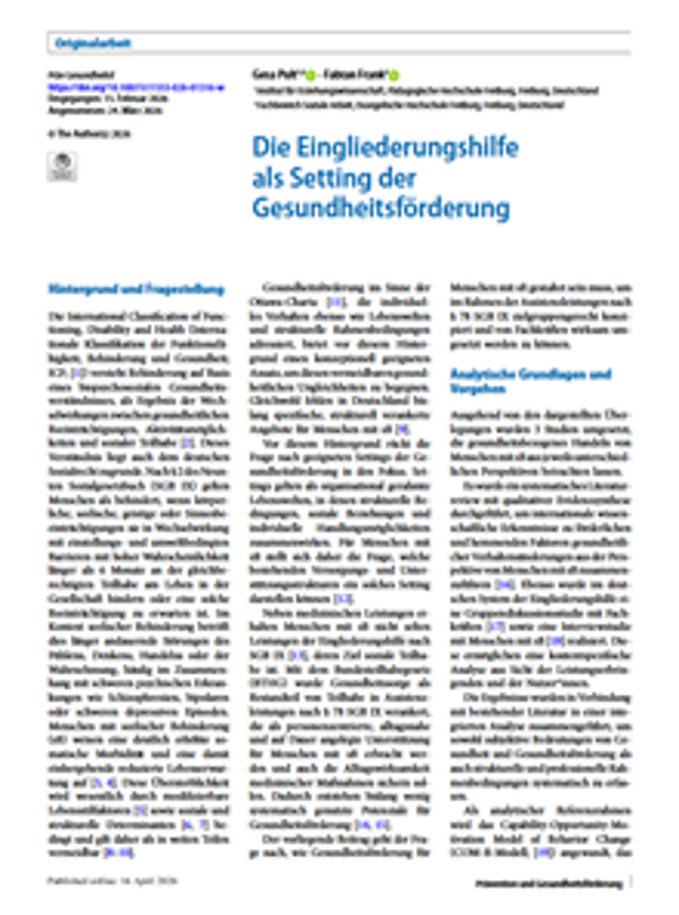 Cover: Die Eingliederungshilfe als Setting der Ge-sundheitsförderung