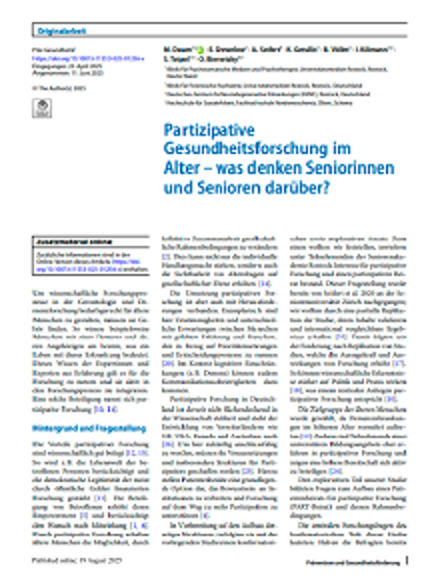 Cover: Partizipative Gesundheitsforschung im Alter – was denken Seniorinnen und Senioren darüber?