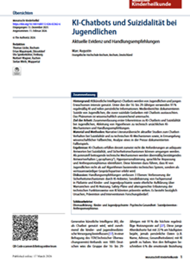Cover: KI-Chatbots und Suizidalität bei Jugendlichen
