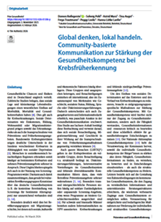 Cover: Global denken, lokal handeln. Community-basierte Kommunikation zur Stärkung der Gesundheitskompetenz bei Krebsfrüherkennung 