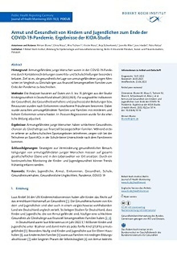 Erste Seite Artikel: Armut und Gesundheit von Kindern und Jugendlichen zum Ende der COVID-19-Pandemie