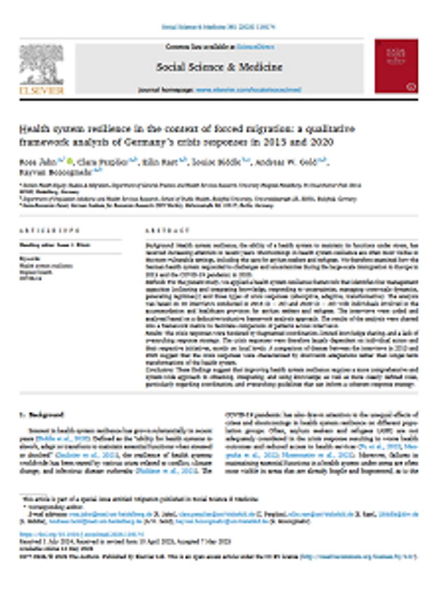 Ansicht Artikel: Health system resilience in the context of forced migration: a qualitative framework analysis of Germany's crisis responses in 2015 and 2020