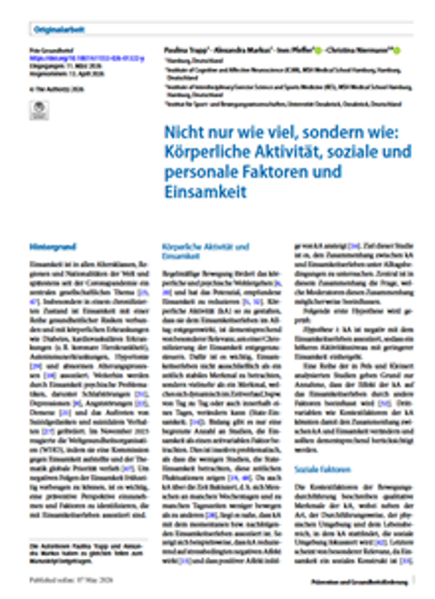 Cover: Nicht nur wie viel, sondern wie: Körperliche Aktivität, soziale und personale Faktoren und Einsamkeit 