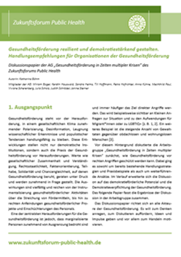 Cover: Gesundheitsförderung resilient und demokratiestärkend gestalten