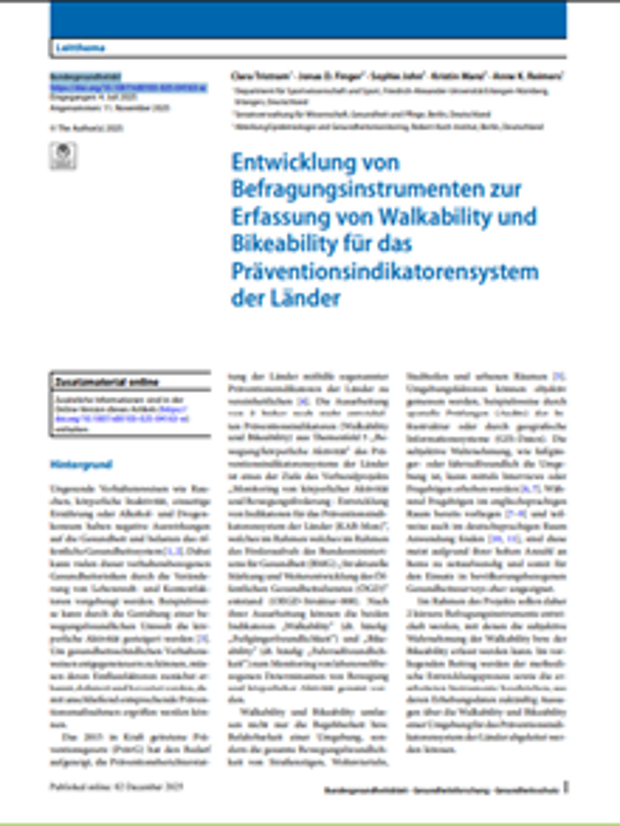 Cover: Entwicklung von Befragungsinstrumenten zur Erfassung von Walkability und Bikeability für das Präventionsindikatorensystem der Länder