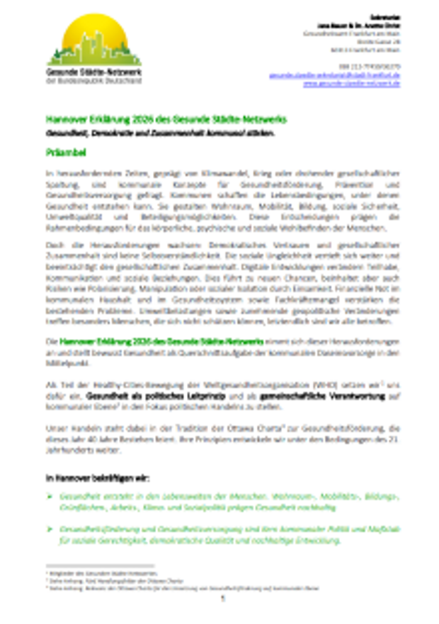 Cover: Hannover Erklärung 2026 des Gesunde Städte-Netzwerks 