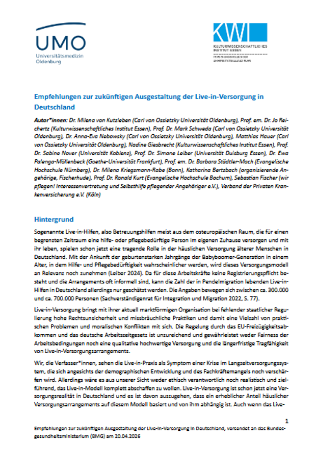 Cover: Empfehlungen zur zukünftigen Ausgestaltung der Live-in-Versorgung in Deutschland