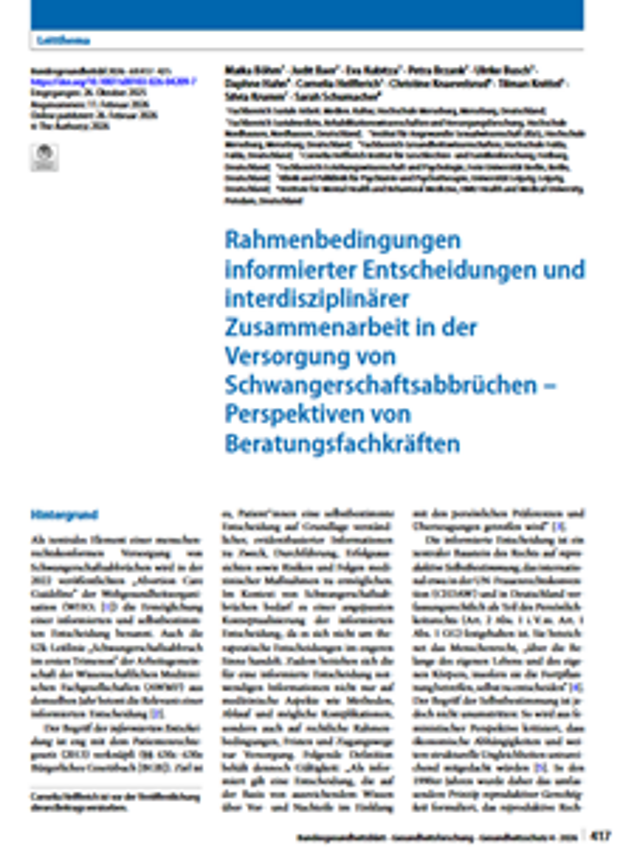 Cover: Rahmenbedingungen informierter Entscheidungen und interdisziplinärer Zusammenarbeit in der Versorgung von Schwangerschaftsabbrüchen – Perspektiven von Beratungsfachkräften