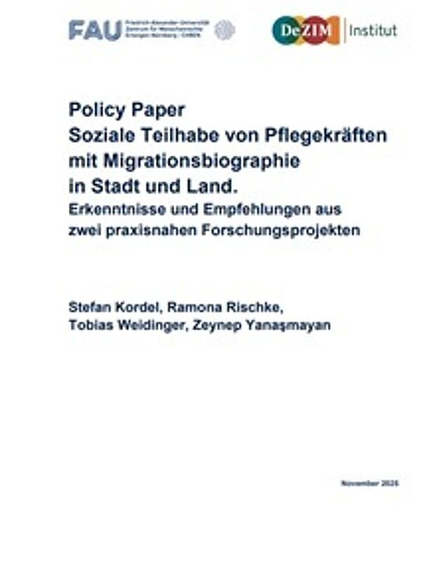 Cover: Policy Paper soziale Teilhabe von Pflegekräften mit Migrationsbiographie in Stadt und Land