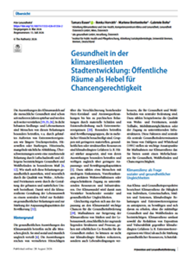 Cover: Gesundheit in der klimaresilienten Stadtentwicklung: Öffentliche Räume als Hebel für Chancengerechtigkeit 