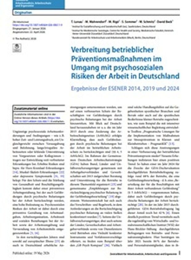 Cover: Verbreitung betrieblicher Präventionsmaßnahmen im Umgang mit psychosozialen Risiken der Arbeit in Deutschland