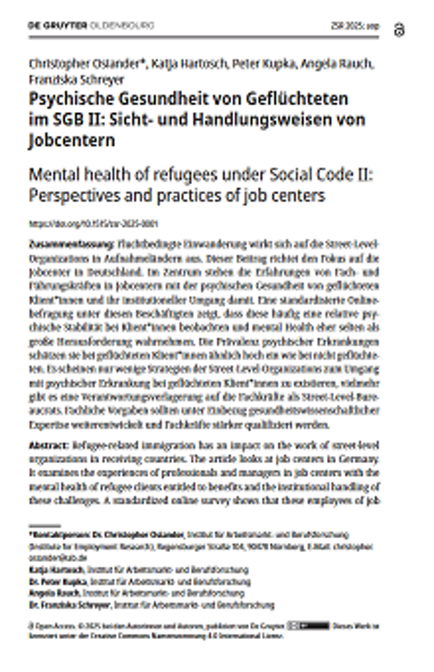 Cover: Psychische Gesundheit von Geflüchteten im SGB II: Sicht- und Handlungsweisen von Jobcentern