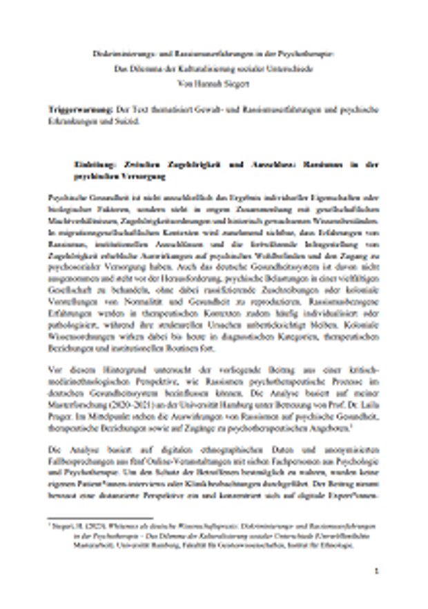 Cover: Diskriminierungs- und Rassismuserfahrungen in der Psychotherapie