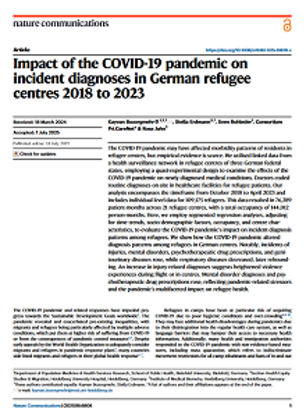 Cover: Impact of the COVID-19 pandemic on incident diagnoses in German refugee centres 2018 to 2023  