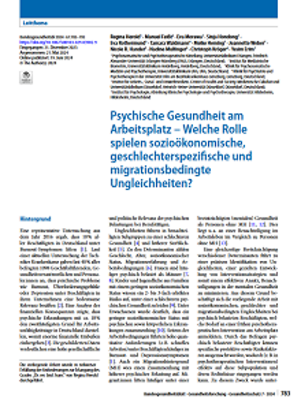 Cover: Psychische Gesundheit am Arbeitsplatz – Welche Rolle spielen sozioökonomische, geschlechterspezifische und migrationsbedingte Ungleichheiten?