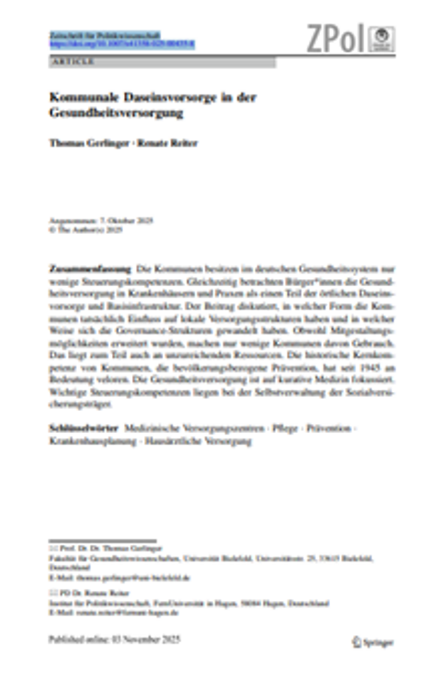 Cover: Kommunale Daseinsvorsorge in der Gesundheitsversorgung