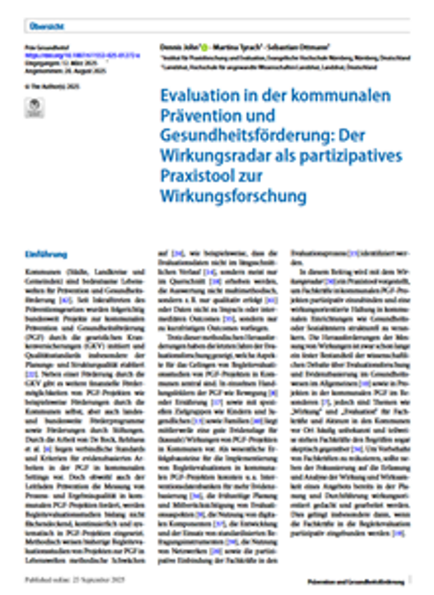 Cover: Evaluation in der kommunalen Prävention und Gesundheitsförderung: Der Wirkungsradar als partizipatives Praxistool zur Wirkungsforschung