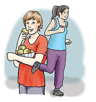 Alltagssituation Joggerin und Person, die einen Apfel isst Alltagssituation Joggerin und Person, die einen Apfel isst