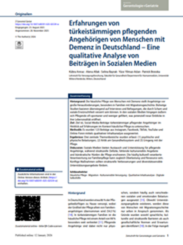 Cover: Erfahrungen von türkeistämmigen pflegenden Angehörigen von Menschen mit Demenz in Deutschland