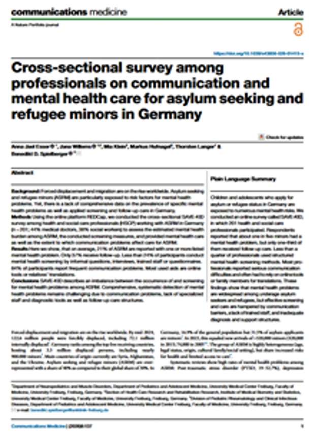 Cover: Cross-sectional survey among professionals on communication and mental health care for asylum seeking and refugee minors in Germany