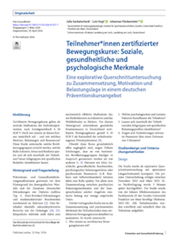Cover: Teilnehmende zertifizierter Bewegungskurse: Soziale, gesundheitliche und psychologi-sche Merkmale