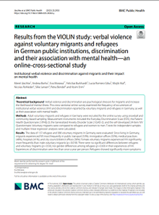 Cover: Results from the VIOLIN study: verbal violence against voluntary migrants and refugees in German public institutions, discrimination and their association with mental health—an online-cross-sectional study
