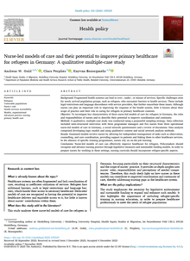 Cover: Nurse-led models of care and their potential to improve primary healthcare for refugees in Germany: A qualitative multiple-case study
