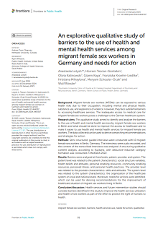 Cover: An explorative qualitative study of barriers to the use of health and mental health services among migrant female sex workers in Germany and needs for action