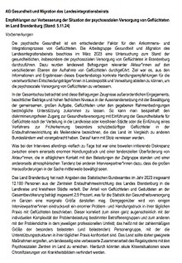 Ansicht der ersten Seite der Empfehlung 
