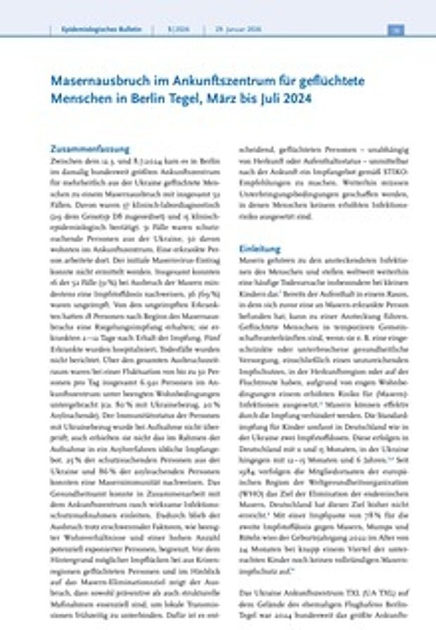Cover: Masernausbruch im Ankunftszentrum für geflüchtete Menschen in Berlin-Tegel, März bis Juli 2024
