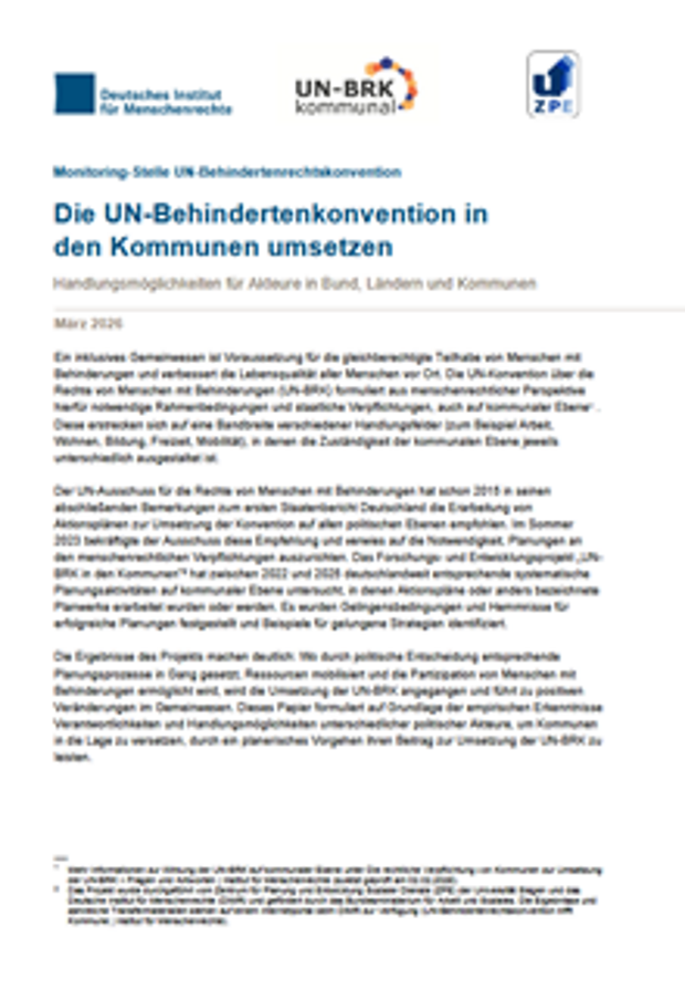 Cover: Die UN-Behindertenkonvention in den Kom-munen umsetzen
