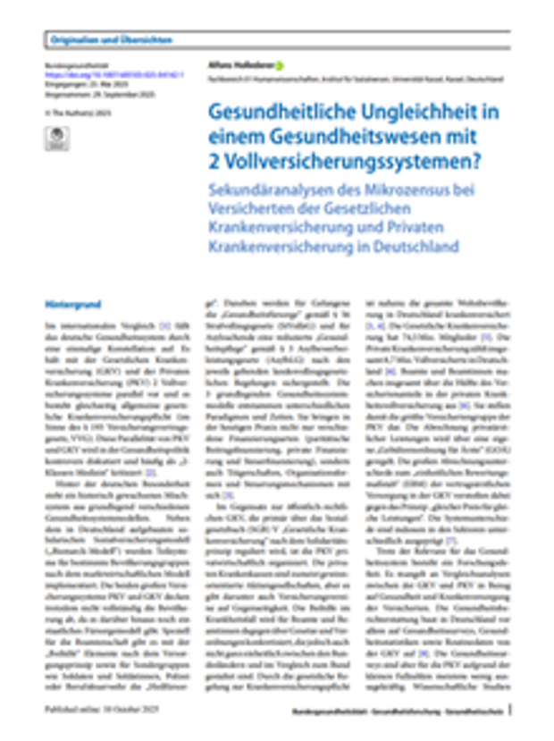 Cover: Gesundheitliche Ungleichheit in einem Gesundheitswesen mit zwei Vollversicherungssystemen? 