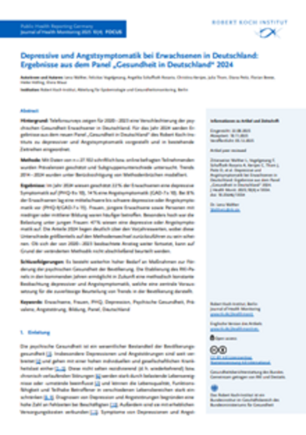 Cover: Depressive und Angstsymptomatik bei Erwachsenen in Deutschland: Ergebnisse aus dem Panel „Gesundheit in Deutschland“ 2024