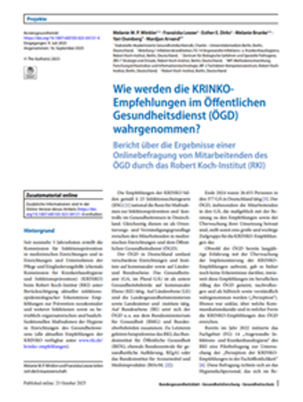 Cover: Wie werden die KRINKO-Empfehlungen im Öffentlichen Gesundheitsdienst (ÖGD) wahrgenommen?