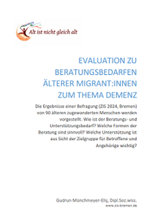 Cover: Evaluation zu Beratungsbedarfen älterer Migrantinnen und Migranten zum Thema Demenz