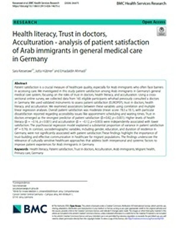 Cover: Health literacy, trust in doctors, acculturation – analysis of patient satisfaction of Arab immigrants in general medical care in Germany