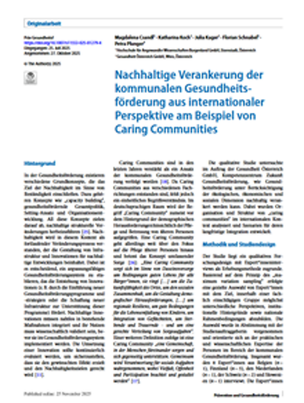 Cover: Nachhaltige Verankerung der kommunalen Gesundheitsförderung aus internationaler Perspektive am Beispiel von Caring Communities 