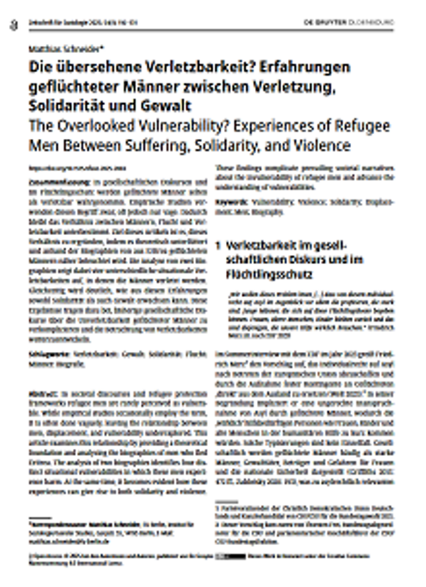Cover: Die übersehene Verletzbarkeit? Erfahrungen geflüchteter Männer zwischen Verletzung, Solidarität und Gewalt