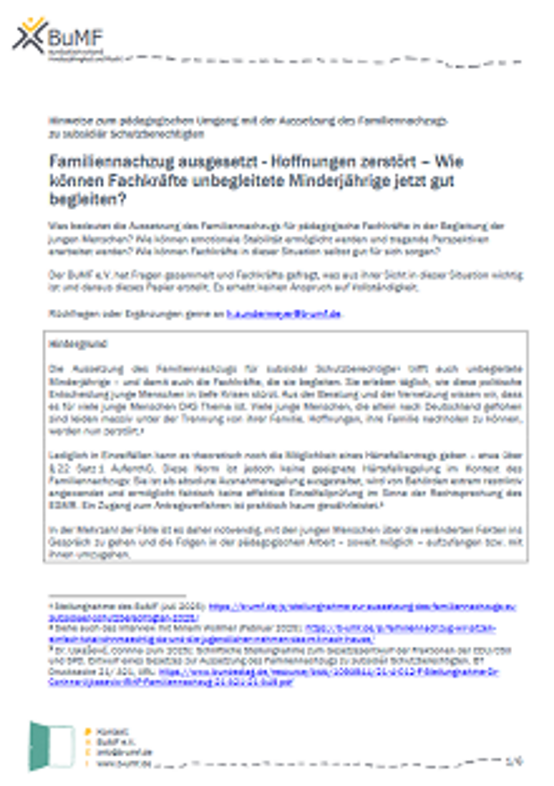 Cover: Hinweise zum pädagogischen Umgang mit der Aussetzung des Familiennachzugs zu subsidiär Schutzberechtigten