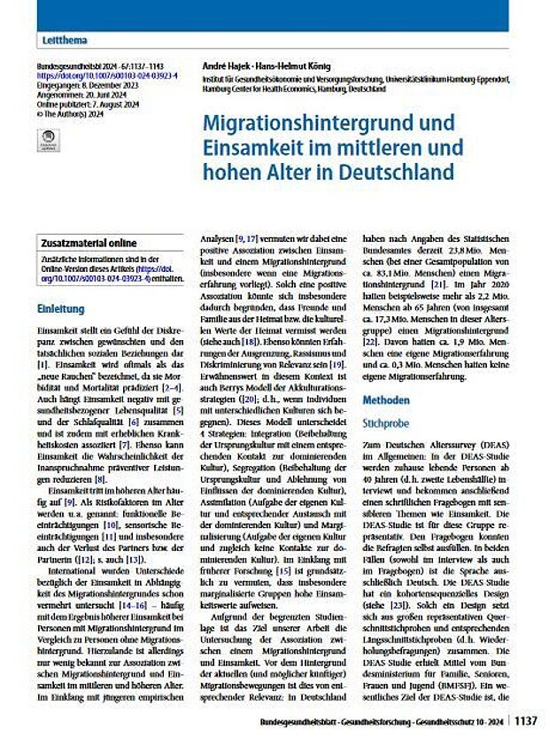 Ansicht der ersten Seite des Artikels Migration und Einsamkeit